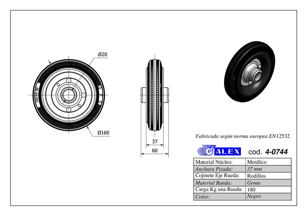 RUEDA ALEX 4-0744 Ø160MM 180KG GOMA S/SOPORTE