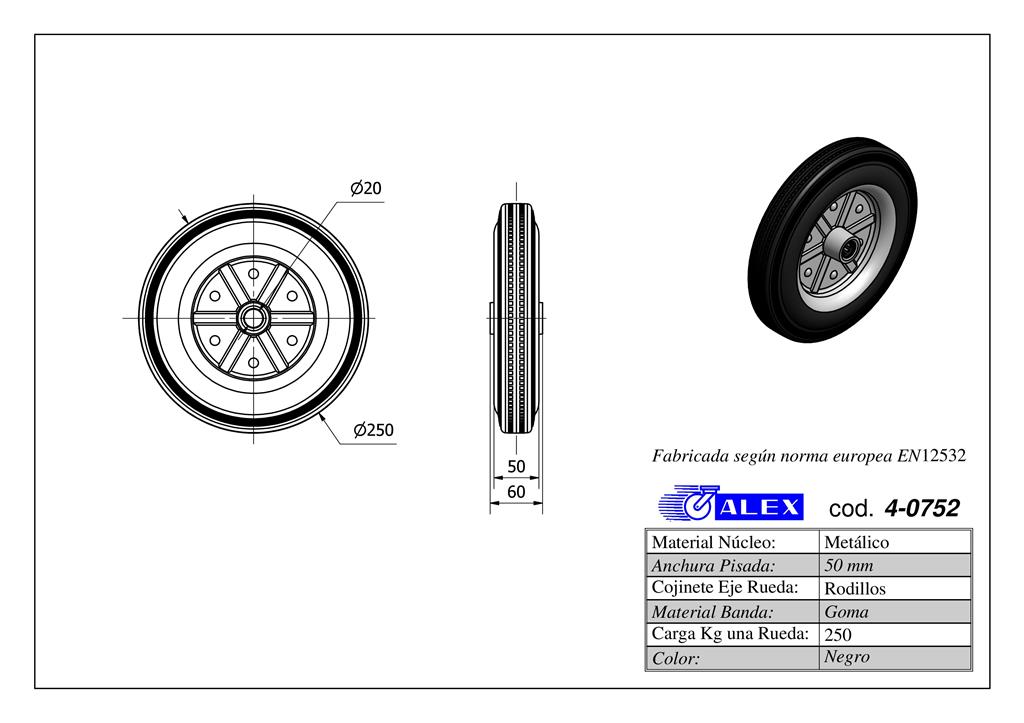 RUEDA ALEX 4-0752 Ø250MM 250KG GOMA S/SOPORTE