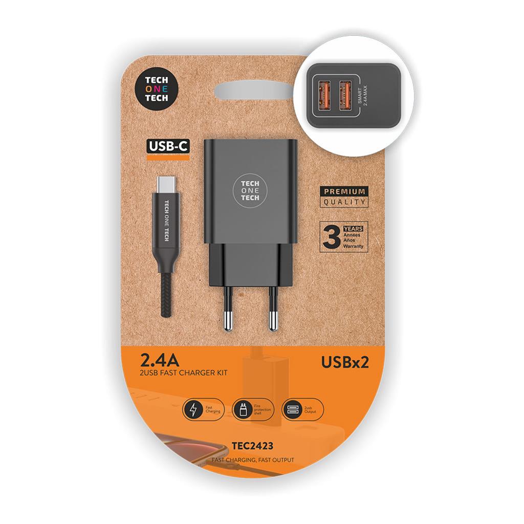 KIT CARGADOR DOBLE USB C 2,4AH NEGRO (TEC2423)