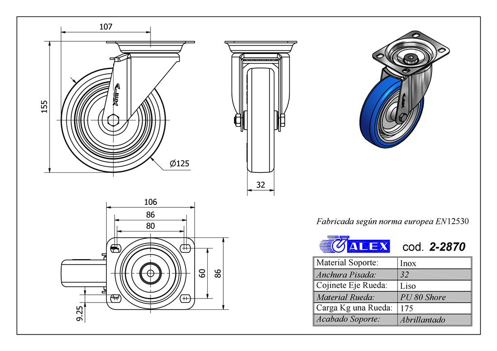 RUEDA ALEX INOX 2-2870 Ø125MM GIRAT. 175KG PU AZUL