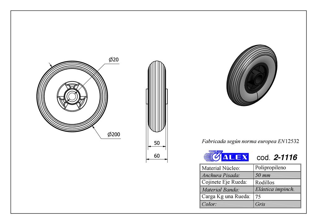 RUEDA ALEX 2-1116 Ø200MM 75KG NEUM. GRIS S/SOPORTE