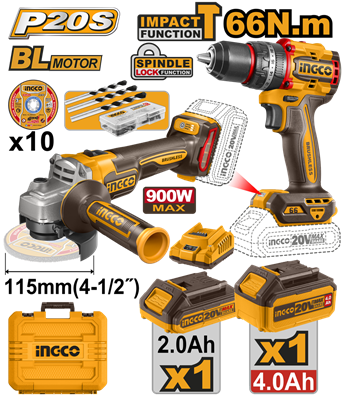 INGCO KIT TALADRO P.+AMOLAD. 115MM 20V + 2 BA. 4AH
