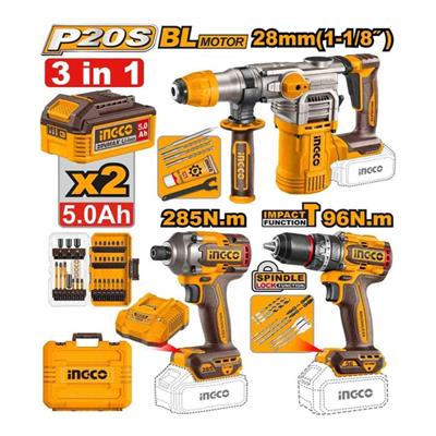 INGCO KIT TALADRO+LLAVE IM.+MARTILLO 20V +2 B. 5AH
