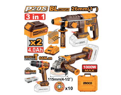INGCO KIT TALADRO+AMOLAD.+MARTILLO 20V +2 B. 4AH