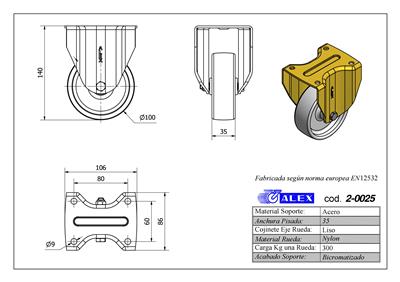 RUEDA ALEX 2-0025 Ø100MM FIJA 300KG NYLON