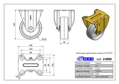 RUEDA ALEX 2-0026 Ø125MM FIJA 350KG NYLON