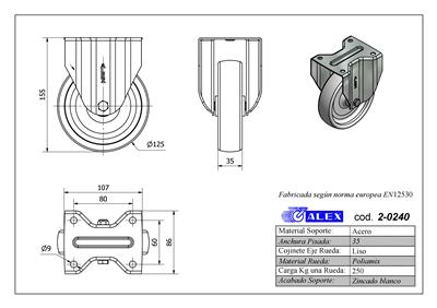 RUEDA ALEX 2-0240 Ø125MM FIJA 250KG NYLON