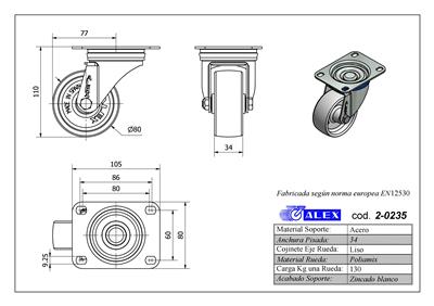 RUEDA ALEX 2-0235 Ø80MM GIRAT. 130KG NYLON