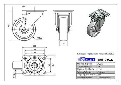 RUEDA ALEX 2-0237 Ø100MM GIRAT. 200KG NYLON