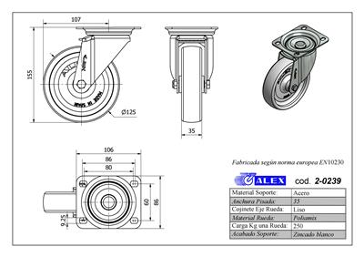 RUEDA ALEX 2-0239 Ø125MM GIRAT. 250KG NYLON