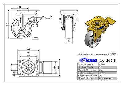 RUEDA ALEX 2-1618 Ø100MM GIRAT. FRENO 300KG NYLON