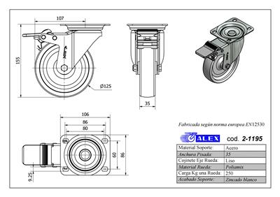 RUEDA ALEX 2-1195 Ø125MM GIRAT. FRENO 250KG NYLON