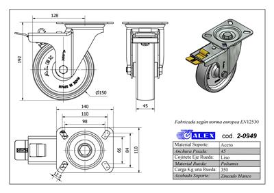 RUEDA ALEX 2-0949 Ø150MM GIRAT. FRENO 350KG NYLON