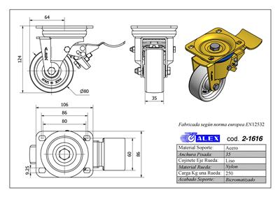 RUEDA ALEX 2-1616 Ø80MM GIRAT. FRENO 250KG NYLON