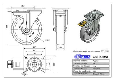RUEDA ALEX 2-0950 Ø200MM GIRAT. FRENO 400KG NYLON