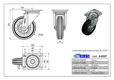 RUEDA ALEX 2-0227 Ø125MM GIRAT. 140KG GOMA
