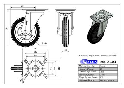 RUEDA ALEX 2-0864 Ø160MM GIRAT. 160KG GOMA