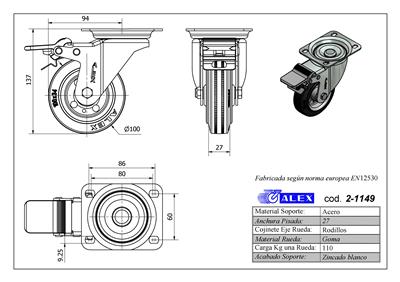 RUEDA ALEX 2-1149 Ø100MM GIRAT. FRENO 110KG GOMA