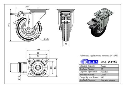 RUEDA ALEX 2-1150 Ø125MM GIRAT. FRENO 140KG GOMA