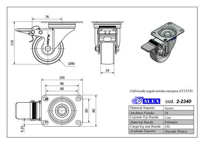 RUEDA ALEX 2-2340 Ø80MM GIRAT. FRENO 130KG NYLON