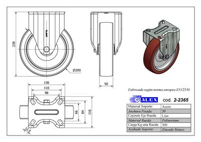 RUEDA ALEX 2-2365 Ø200MM FIJA 300KG PU