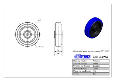 RUEDA ALEX 2-2756 Ø125MM 225KG GOMA AZUL S/SOPORTE