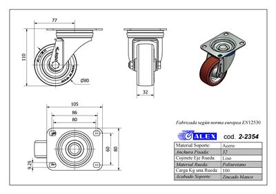RUEDA ALEX 2-2354 Ø80MM GIRAT. 100KG PU
