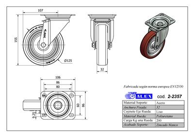 RUEDA ALEX 2-2357 Ø125MM GIRAT. 200KG PU