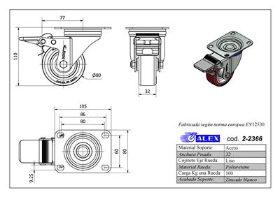 RUEDA ALEX 2-2366 Ø80MM GIRAT. FRENO 100KG PU