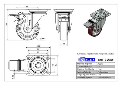 RUEDA ALEX 2-2368 Ø100MM GIRAT. FRENO 150KG PU