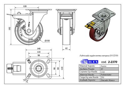 RUEDA ALEX 2-2370 Ø150MM GIRAT. FRENO 250KG PU