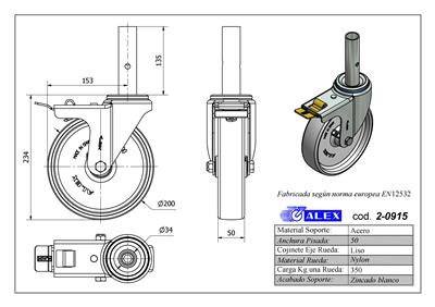 RUEDA ALEX 2-0915 Ø200MM ANDAMIO FRENO 350KG NYLON