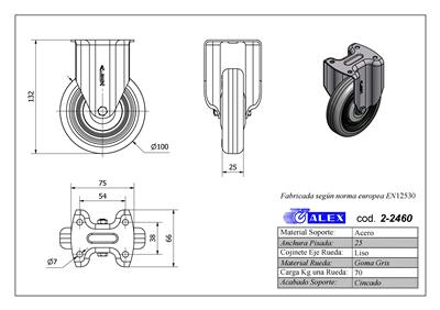 RUEDA ALEX 2-2460 Ø100MM FIJA 70KG GOMA GRIS