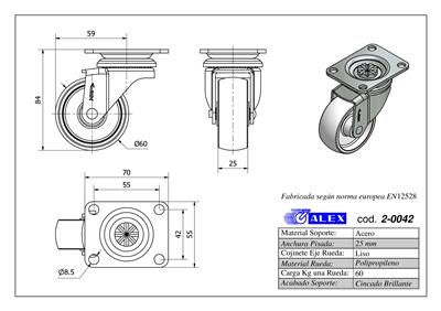RUEDA ALEX 2-0042 Ø60MM GIRAT. 60KG NYLON