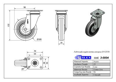 RUEDA ALEX 3-0004 Ø100MM GIRAT. 70KG GOMA GRIS
