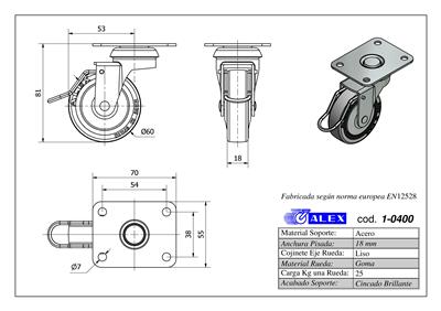 RUEDA ALEX 1-0400 Ø60MM GIRAT. FRENO 25KG GOMA GRI