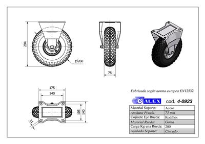 RUEDA ALEX 4-0923 Ø260MM FIJA 200KG NEUMATICA