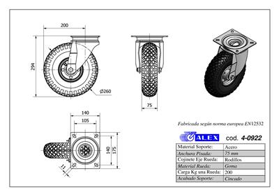 RUEDA ALEX 4-0922 Ø260MM GIRAT. 200KG NEUMATICA