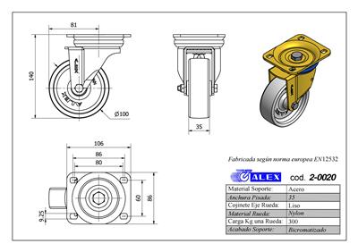 RUEDA ALEX 2-0020 Ø100MM GIRAT. 300KG NYLON