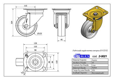 RUEDA ALEX 2-0021 Ø125MM GIRAT. 350KG NYLON