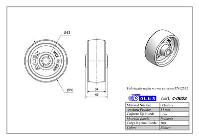 RUEDA ALEX 4-0023 Ø80MM 200KG NYLON S/SOPORTE
