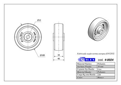 RUEDA ALEX 4-0024 Ø100MM 220KG NYLON S/SOPORTE