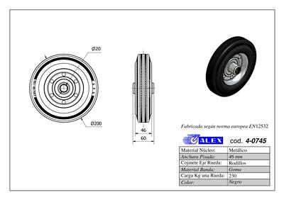 RUEDA ALEX 4-0745 Ø200MM 230KG GOMA S/SOPORTE