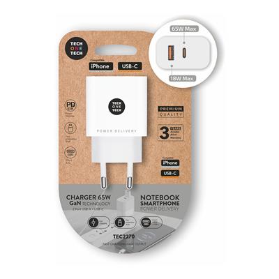 CARGADOR RAPIDO DOBLE USB A+C 65W BLANCO (TEC2270)