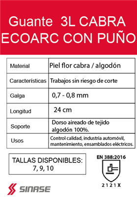 GUANTE 3L CABRA ECOARC DORSO ALGODON T-7