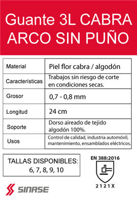 GUANTE 3L CABRA ARCO DORSO ALGODON SIN PUÑO T-8