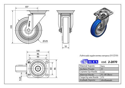 RUEDA ALEX INOX 2-2870 Ø125MM GIRAT. 175KG PU AZUL